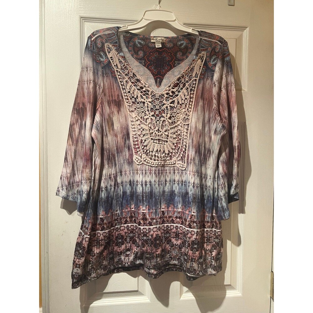 World Unity Woman 3/4 Sleeve Abstract/Crochet Shirt Blouse Size 1X